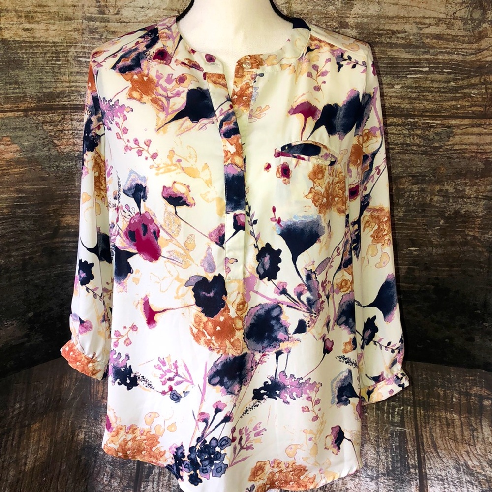 Rose & Thyme cream & navy blouse